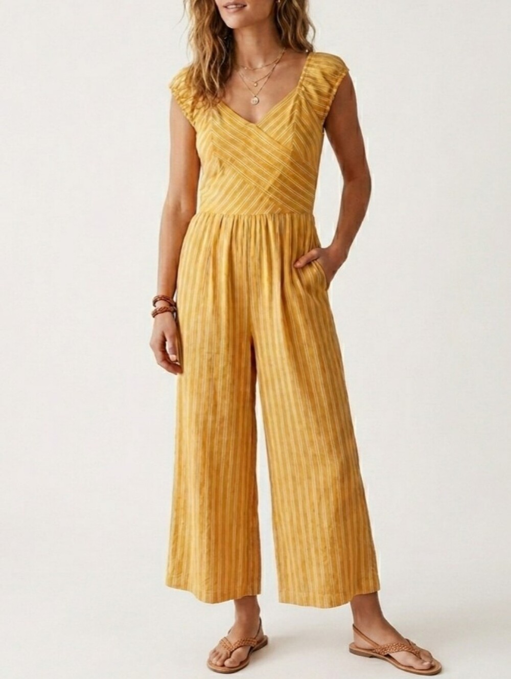 Sz S Angie 100% Rayon Mustard Stripe Wide-Leg Jumpsuit with Pockets